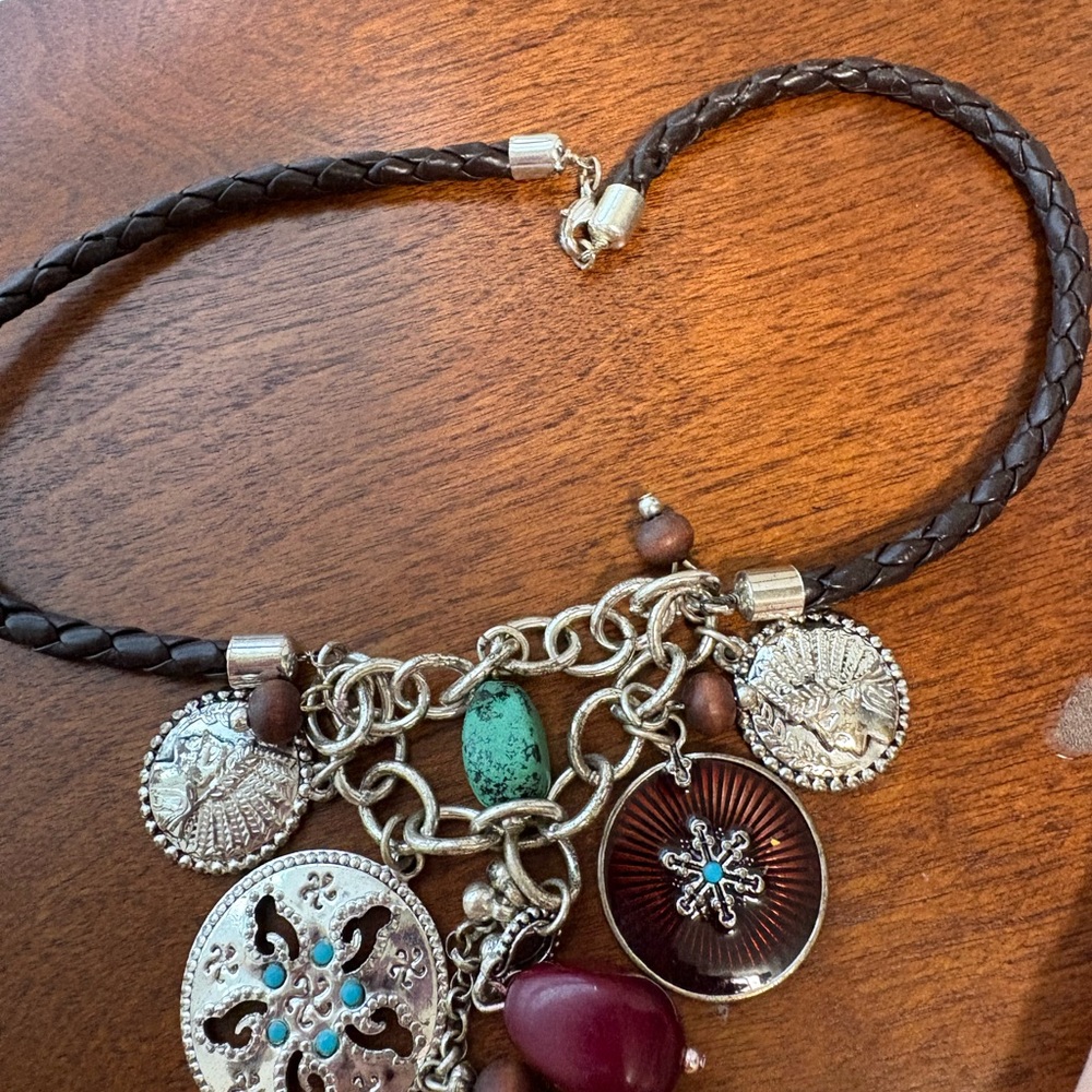 Silver and Brown Charm Necklace with Braided Leather Cord